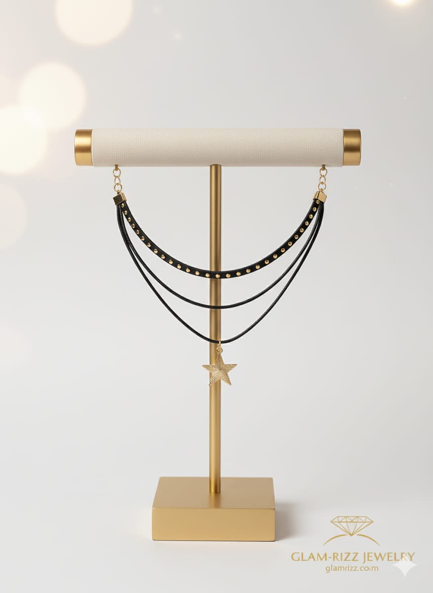 💫 Premium Black Duo Necklace with Golden Studs & Star Pendant + Unseen Surprised Ring💫