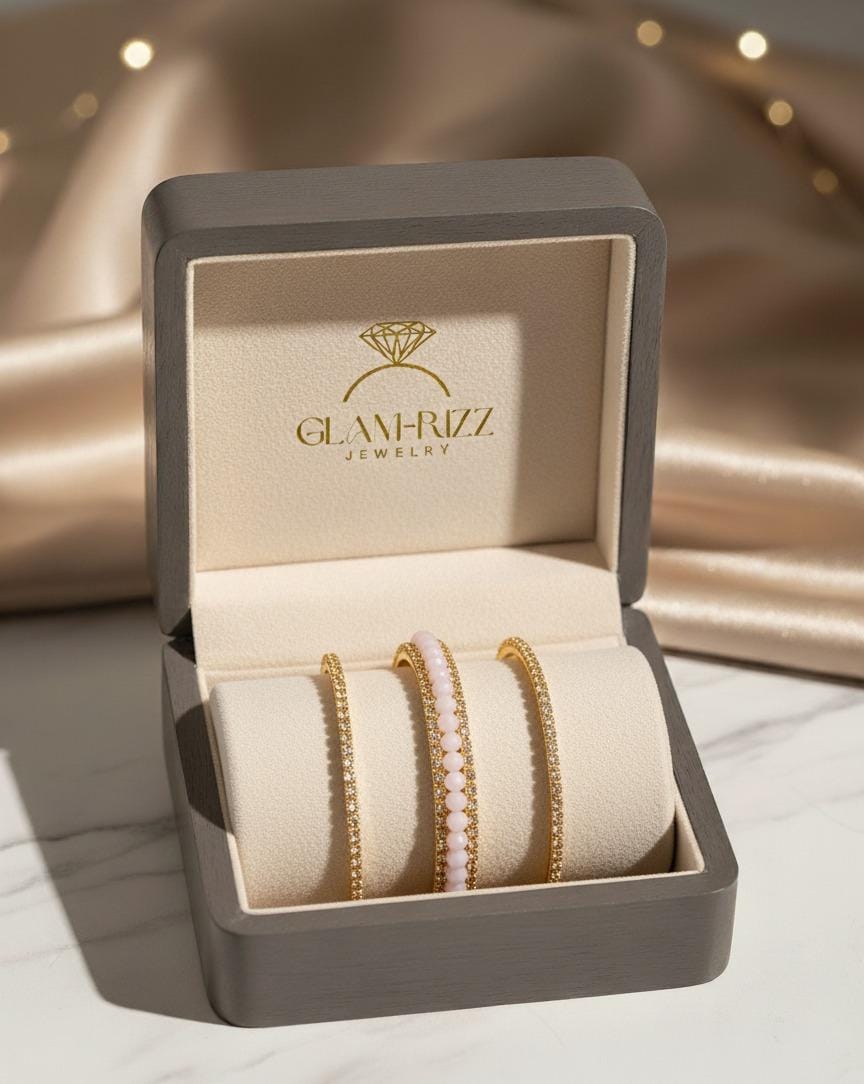 π« Royal Elegance Kara & Bangles Set of 3 with Pink Pearls β Premium Collection for Women π«