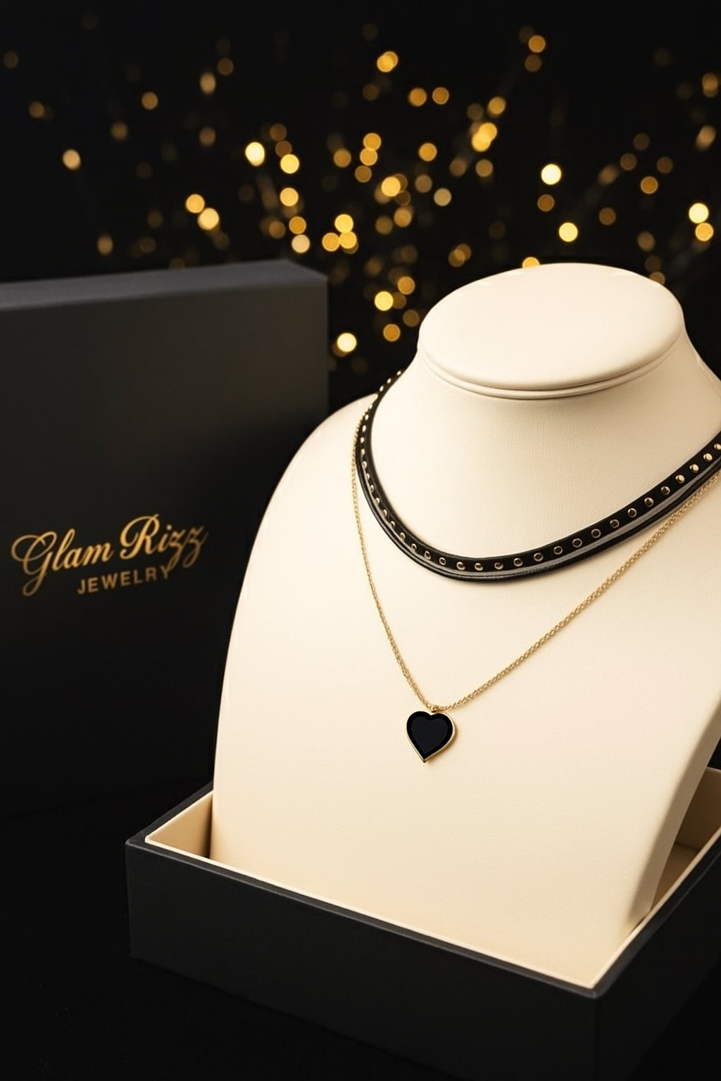 💫Buy 1 Premium Golden Studs with Black Heart Shaped Neclace & Get 1 Surprised Ring for Women/Girls💫