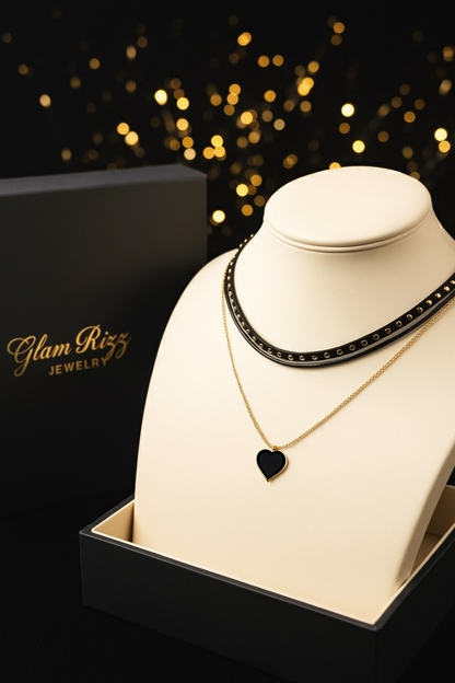 💫Buy 1 Premium Golden Studs with Black Heart Shaped Neclace & Get 1 Surprised Ring for Women/Girls💫