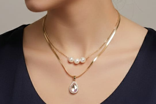 💫 Premium Necklace with Teardrop Pendant  Pearl Accent & Surprised Premium Ring for Women/Girls💫