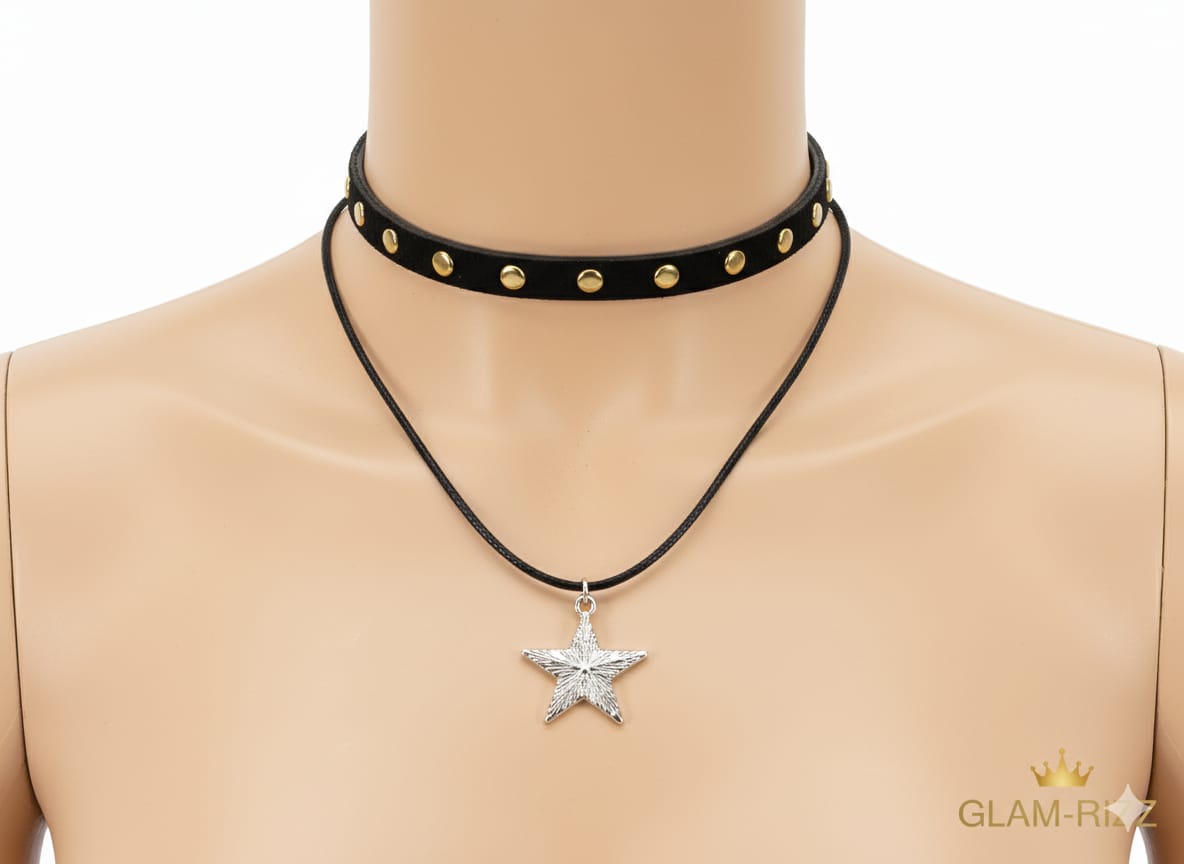 💫 Premium Black Duo Necklace with Golden Studs & Star Pendant + Unseen Surprised Ring💫