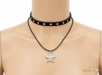💫 Premium Black Duo Necklace with Golden Studs & Star Pendant + Unseen Surprised Ring💫