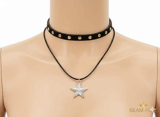 💫 Premium Black Duo Necklace with Golden Studs & Star Pendant + Unseen Surprised Ring💫