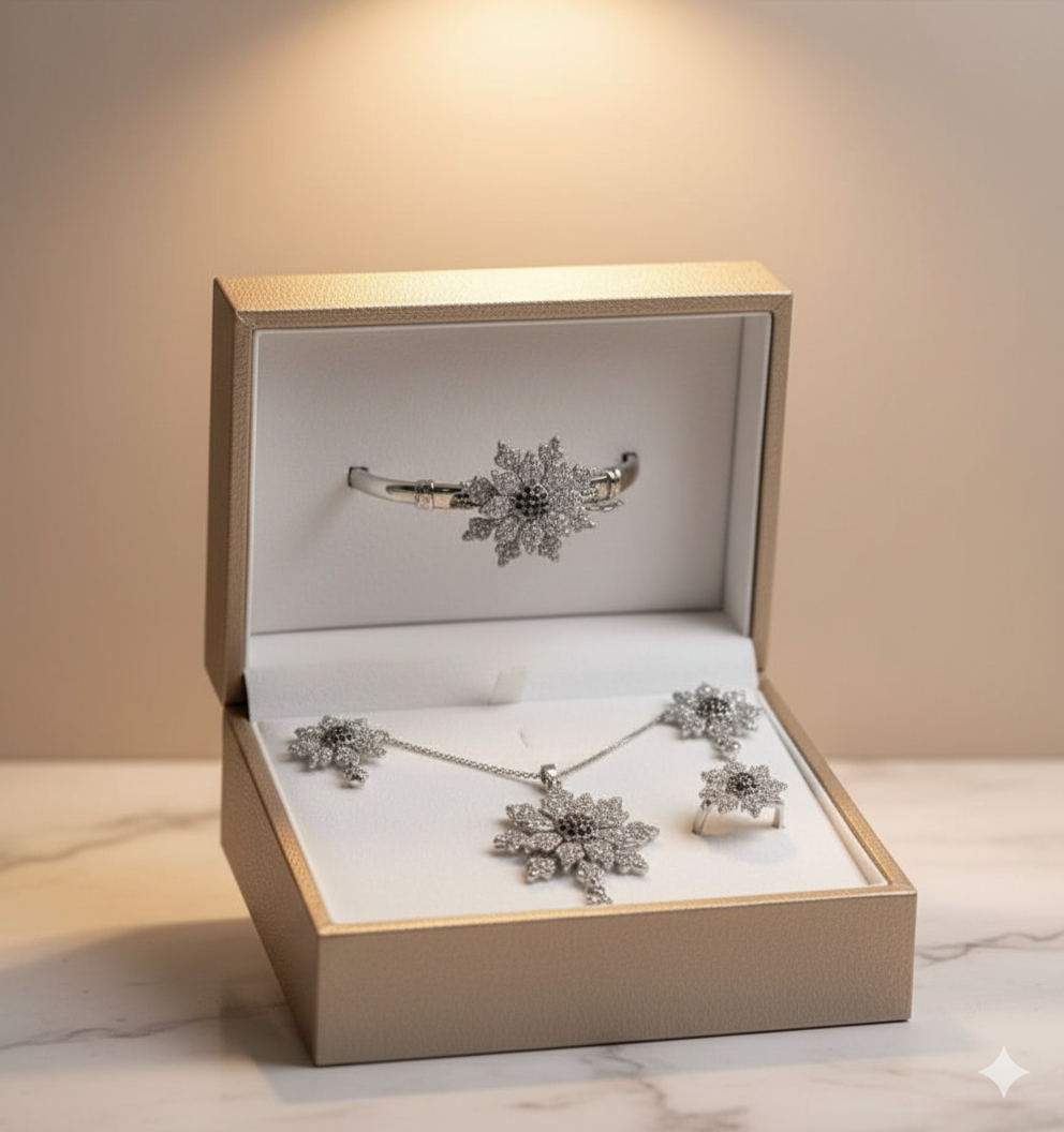 ✨ Royal Silver Winter Jewellery Set – ( Necklace, Earrings, Ring & Hand Kara for Women ) ✨