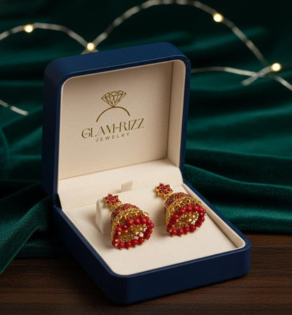 💫Buy 1 Premium Royal Red Blossom Jhumka Get 1 Adjustable Reddish Stone Ring ✨Reddish Duo